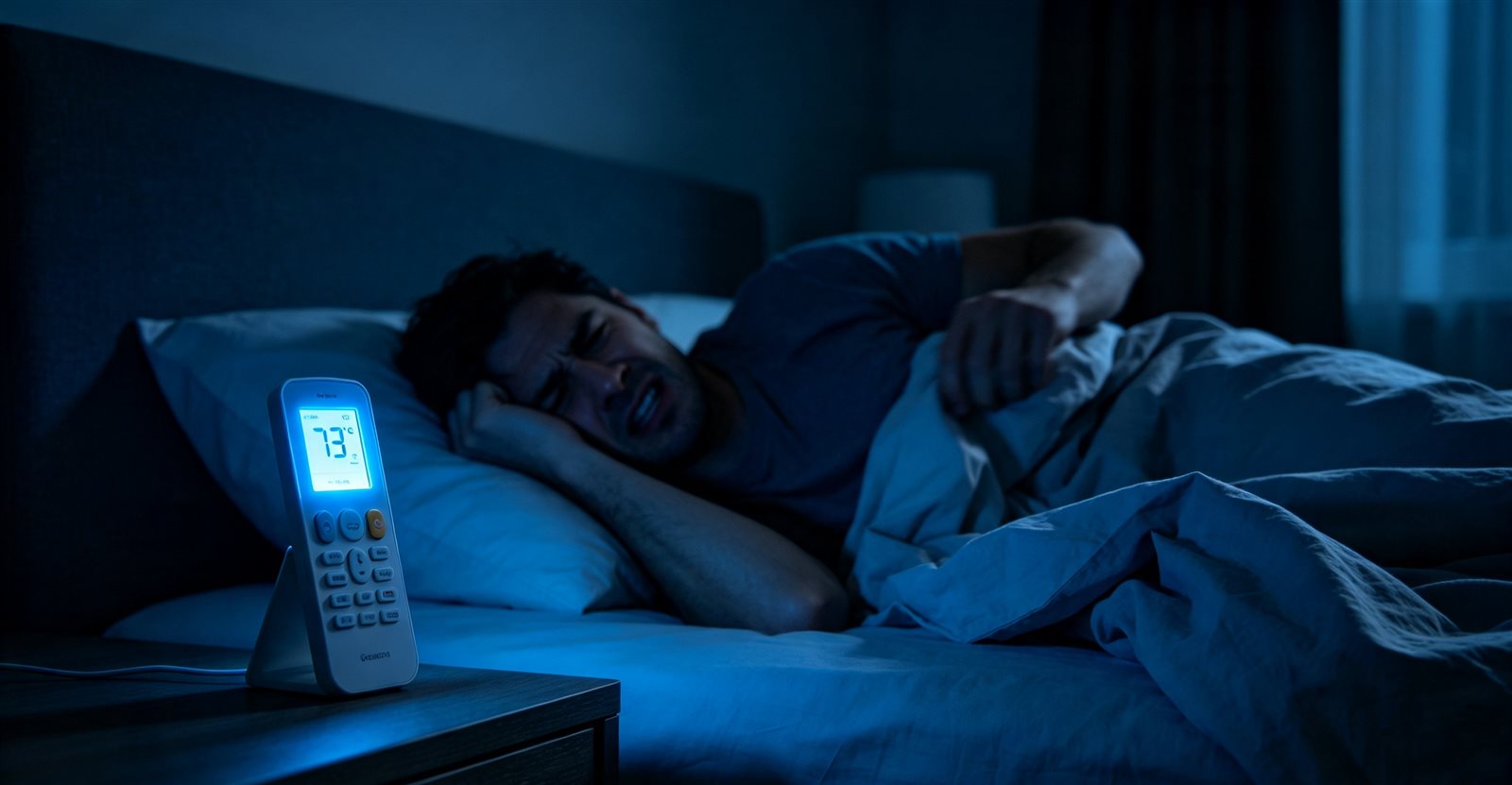 Man lying awake hot and restless in a dark bedroom at night, with an air conditioner remote on the nightstand, illustrating the discomfort of running AC all night long.