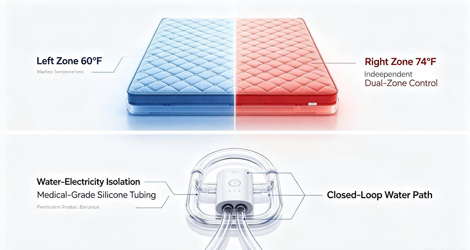 ICE SLEEP dual-zone independent temperature control diagram: blue left zone cools while red right zone warms, with water-electricity isolated medical-grade silicone tubing and a closed-loop water path.